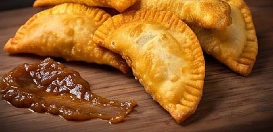 A pile of golden sausage and onion empanadas with caramelized onion relish